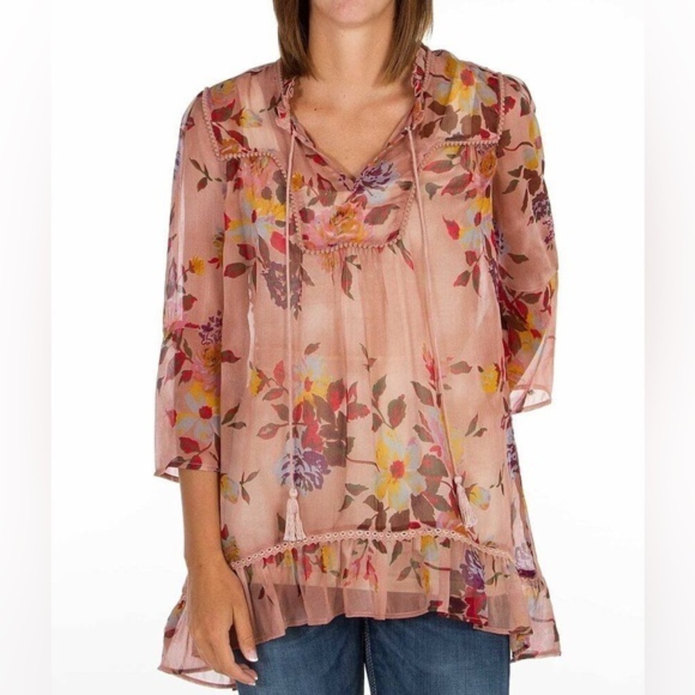 BKE Boutique Boho Floral Sheer Tunic Top Size S |‎ Pink Lace Tassels Ruffle Hem
